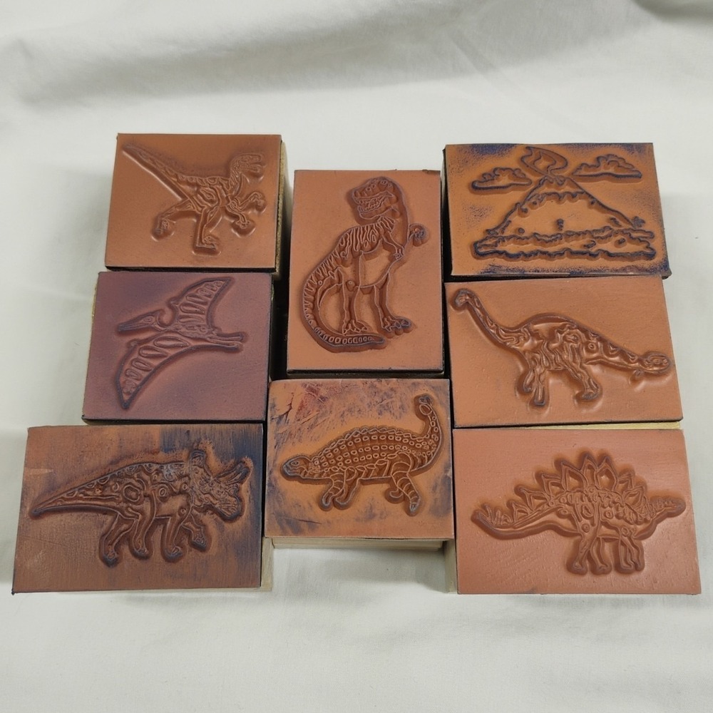 Vintage Crafting Wooden‎ Rubber Stamps Dinosaurs Volcano 8pc Set - Picture 2 of 3
